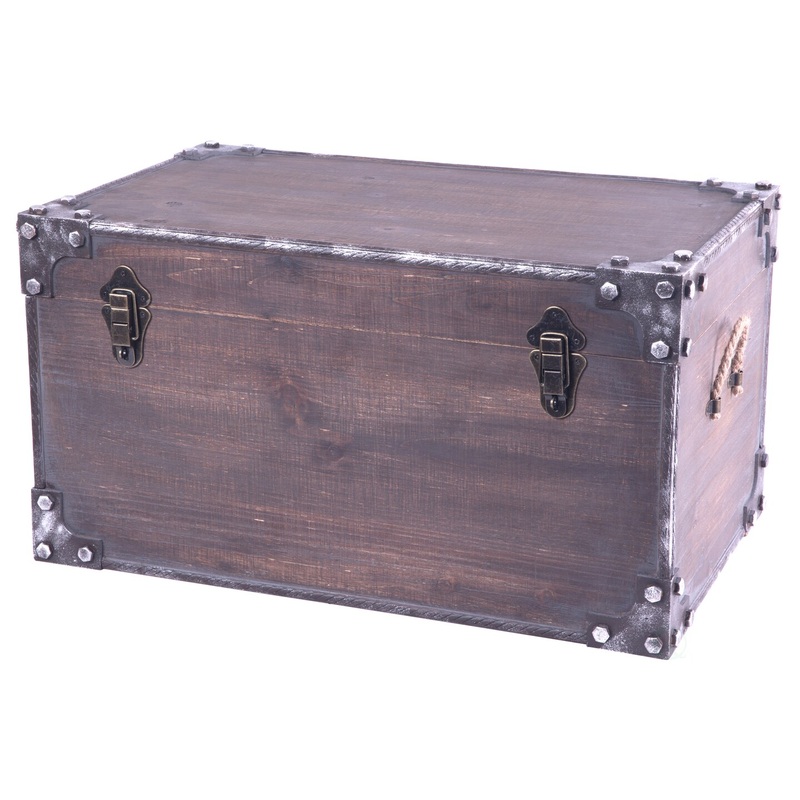 Distressed Wooden Vintage Industrial Style Decorative Trunk with Lockable Latch