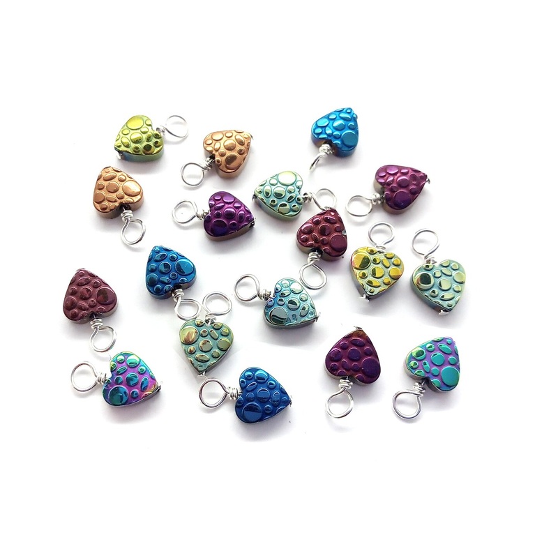 Dotted Heart Dangle Charms, Tiny Metallic Hearts with Polka Dots, Mix of 10 Charms, Adorabilities