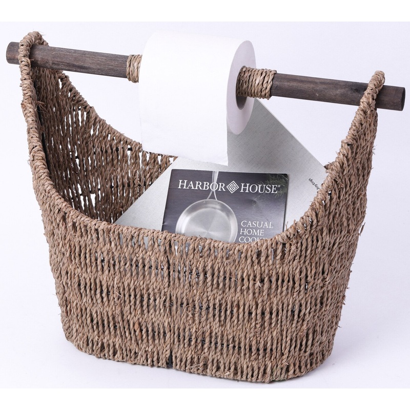Seagrass Decorative Bathroom Basket  Handwoven Magazine Rack, Storage Organizer for Small Essentials, Washcloths and Toiletries, with Wooden Rod Toilet Paper Holder for Easy Dispensing