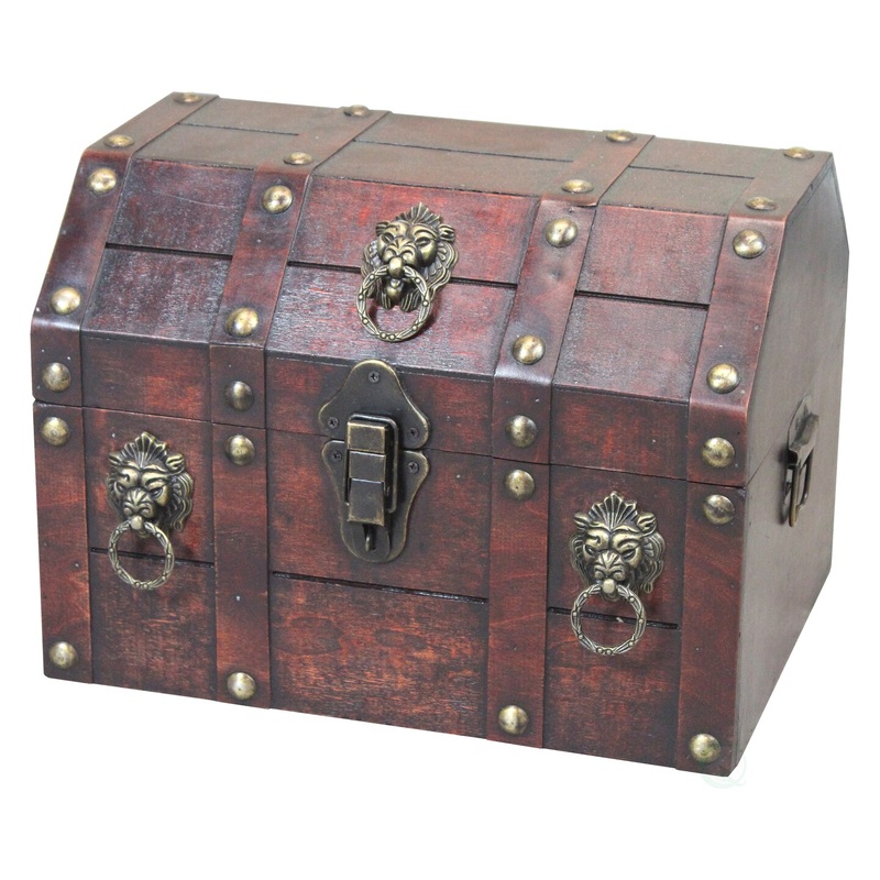 Antique Wooden Pirate Treasure Chest with Lion Rings and Lockable Latch