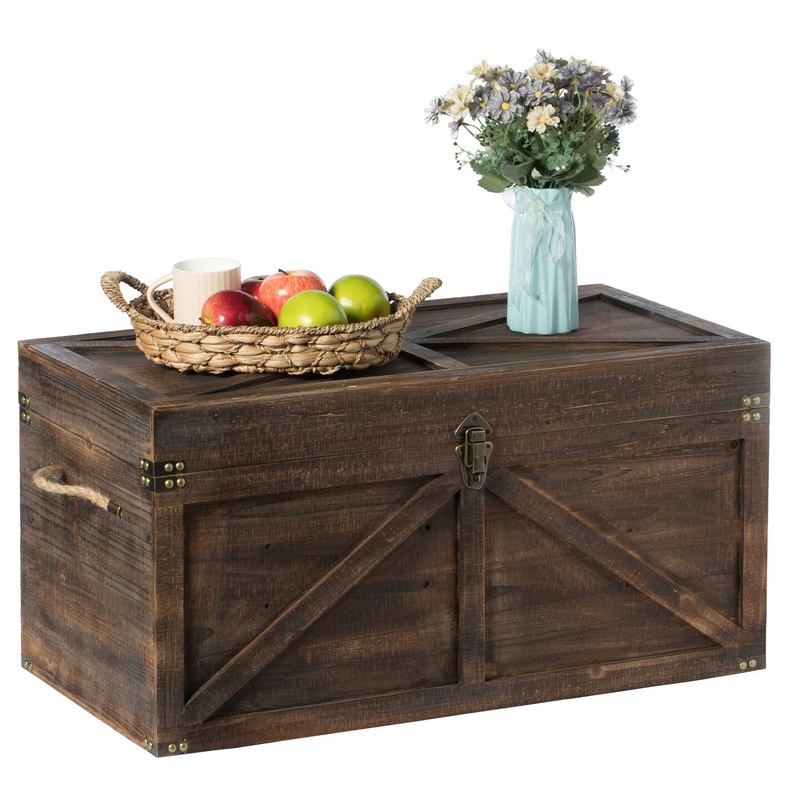 Brown Large Wooden Lockable Trunk Farmhouse Style Rustic Design Lined Storage Chest with Rope Handles