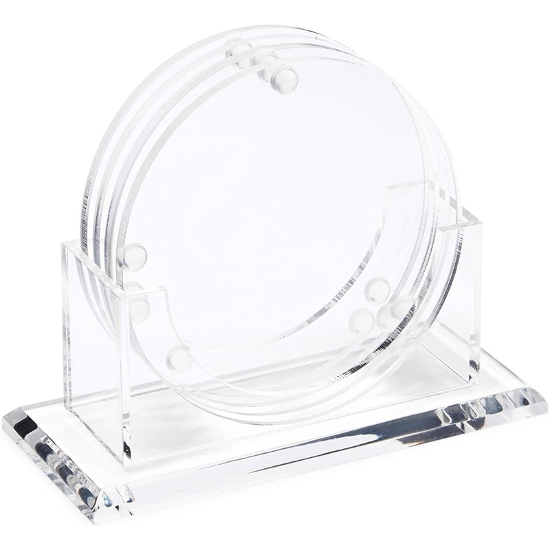 Clear Acrylic Drink Coasters with Stand Holder (4 Inches, 4 Pack)