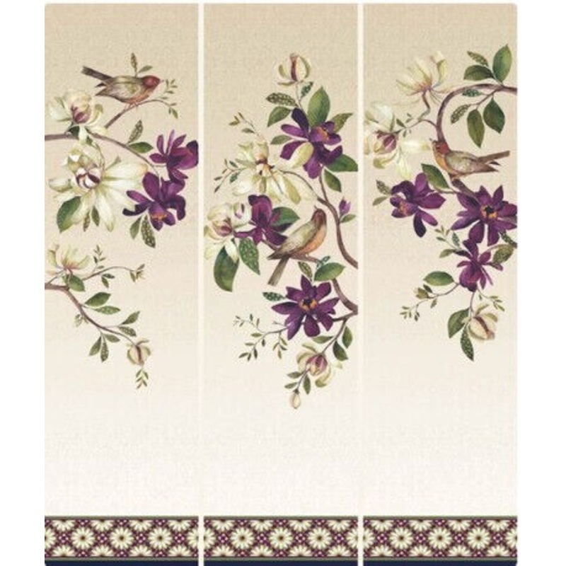 Northcott Avalon 36 Tryptic Floral And Bird Panel Digital Beige