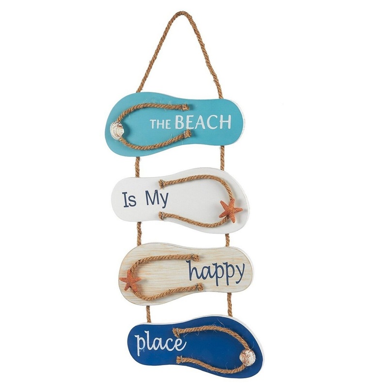 Juvale Wooden Beach Wall Hanging Decor Sign, Flip Flop Coastal Decorations for Home, Bathroom, Living Room, Bedroom and Dining Room, The Beach is My Happy Place (8.7×20.9 In)