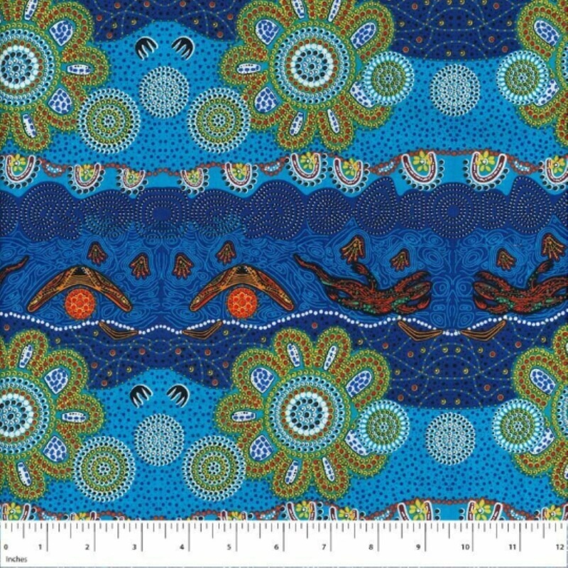 Home Country Blue Australian Aboriginal Cotton Fabric by M S Textiles