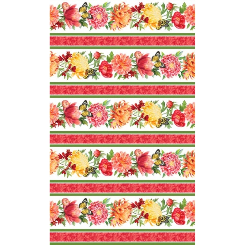 Morning Blossom Border Stripe White Background Cotton Fabric by Northcott BTY