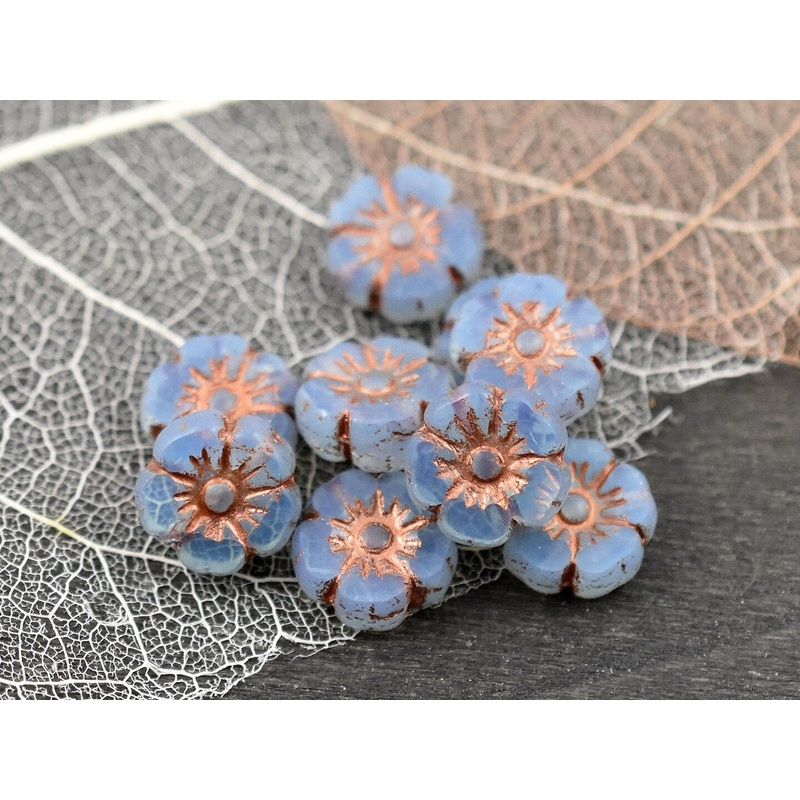 *16* 9mm Copper Washed Blue Opaline Table Cut Hawaiian Flower Beads
