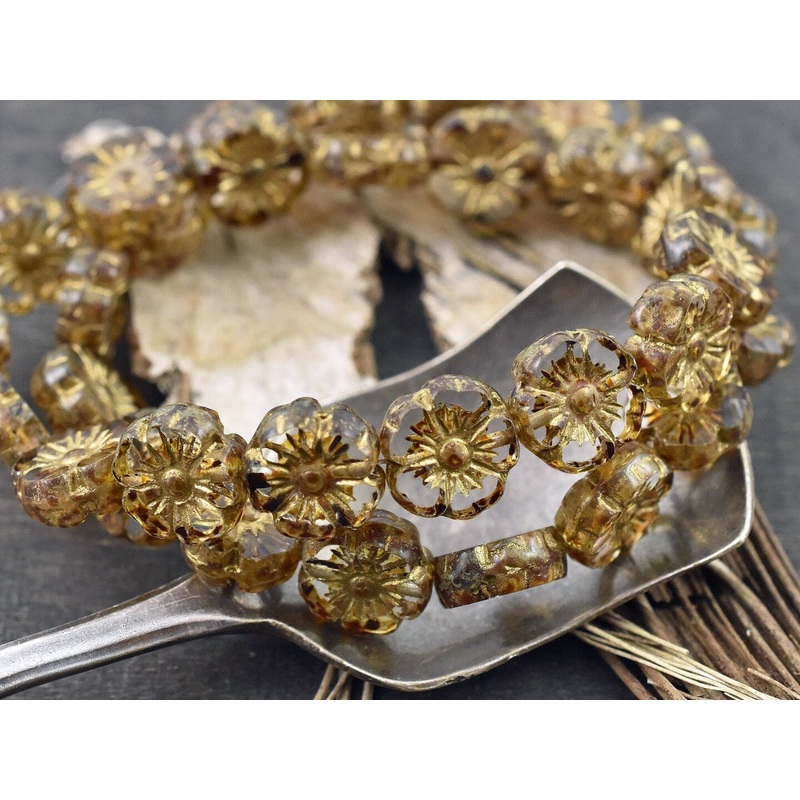 *16* 9mm Gold Washed Crystal Picasso Table Cut Hawaiian Flower Beads