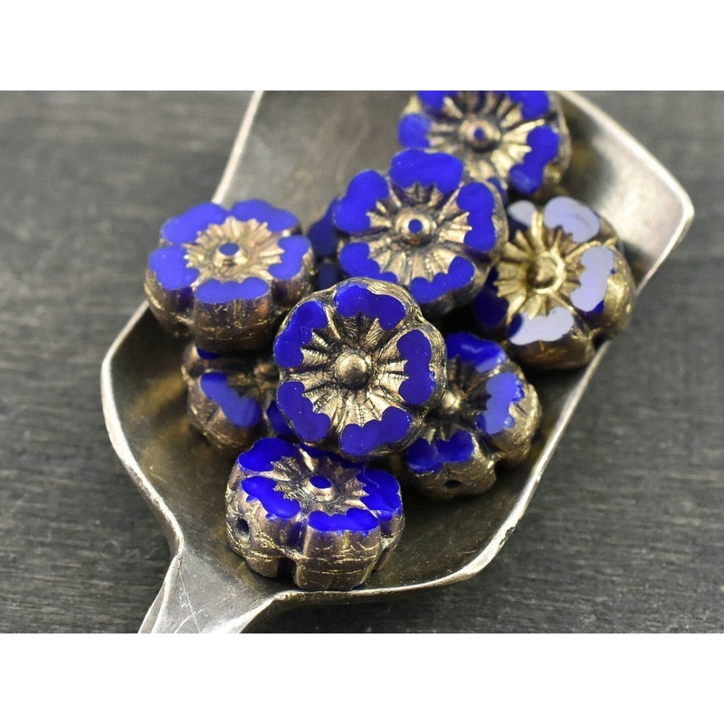 *16* 9mm Gold Washed Indigo Table Cut Hawaiian Flower Beads
