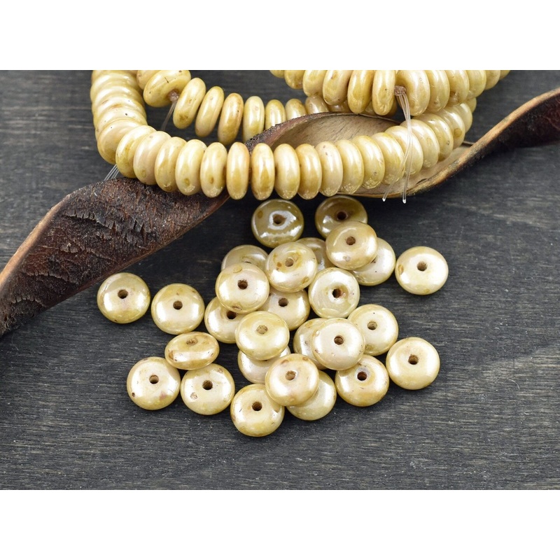 *50* 6x2mm Opaque Ivory Luster Picasso Smooth Rondelle Beads