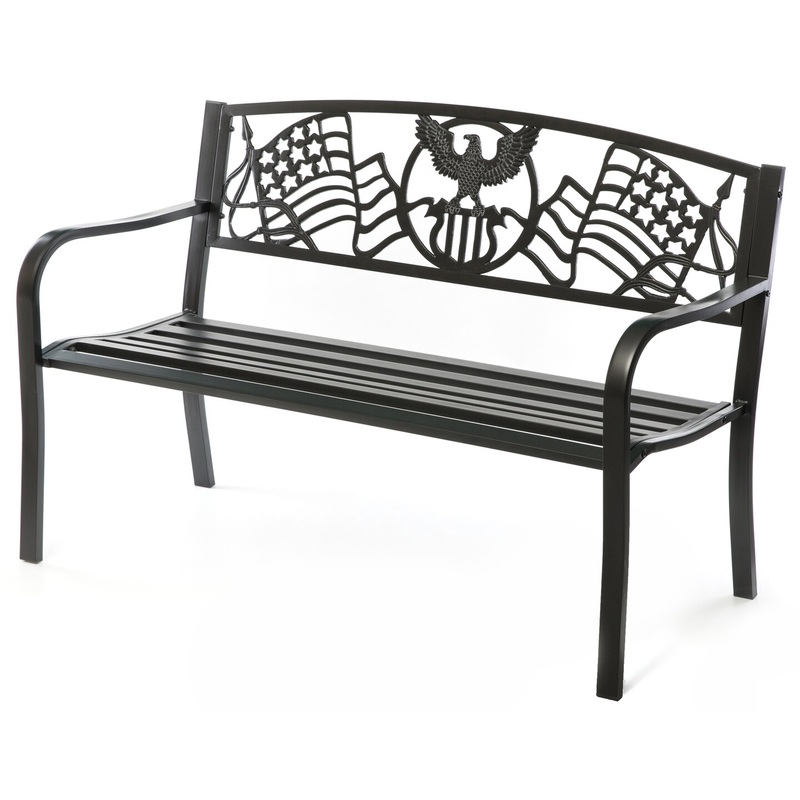 Steel Outdoor Patio Garden Park Seating Bench with Cast Iron Patriotic American Flag and Eagle Backrest, Front Porch Yard Bench Lawn Decor
