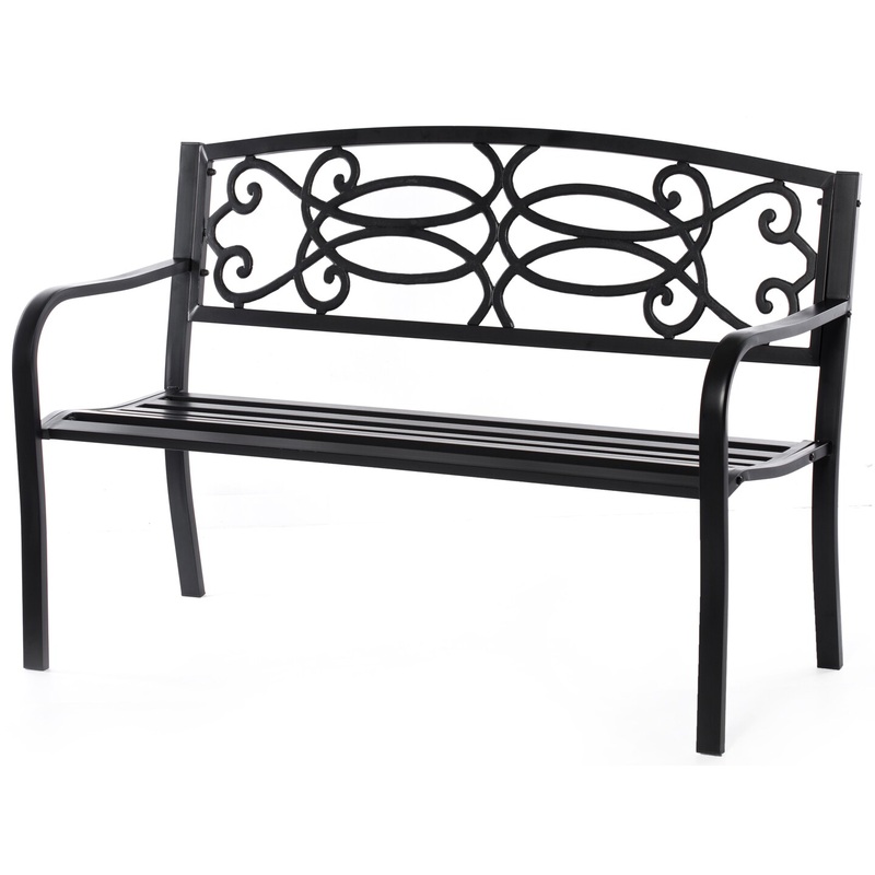 Steel Outdoor Patio Garden Park Seating Bench with Cast Iron Scrollwork Backrest, Front Porch Yard Bench Lawn Decor