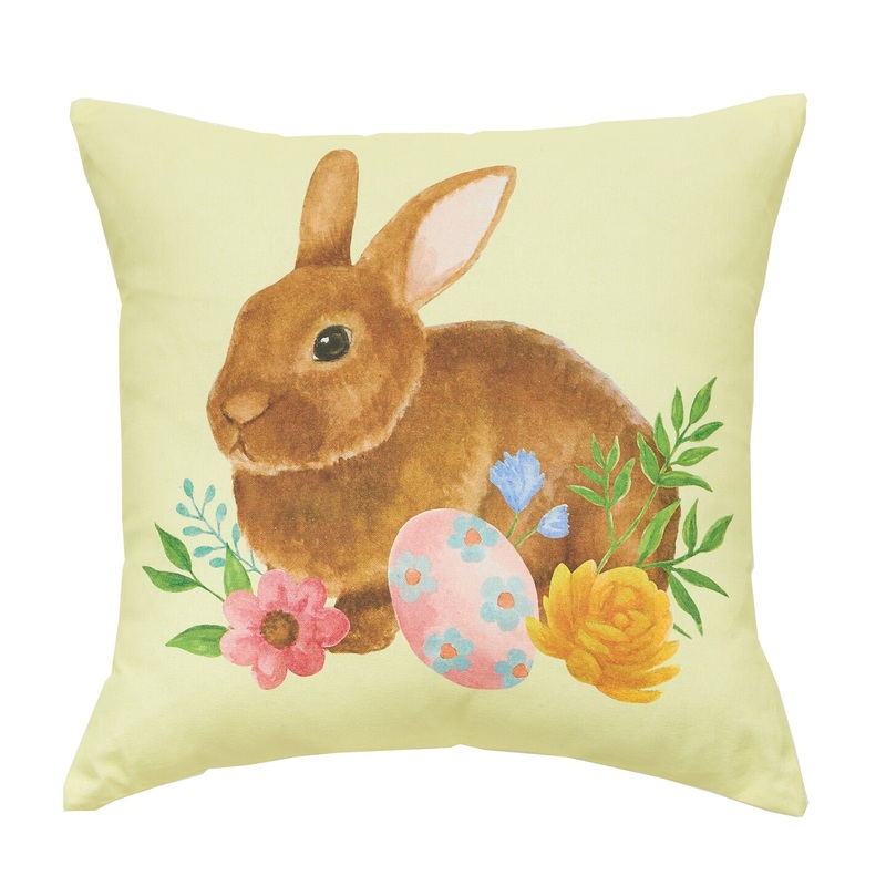 18″ x 18″ Yellow Floral Bunny Woven Spring Easter Themed Accent Throw Pillow