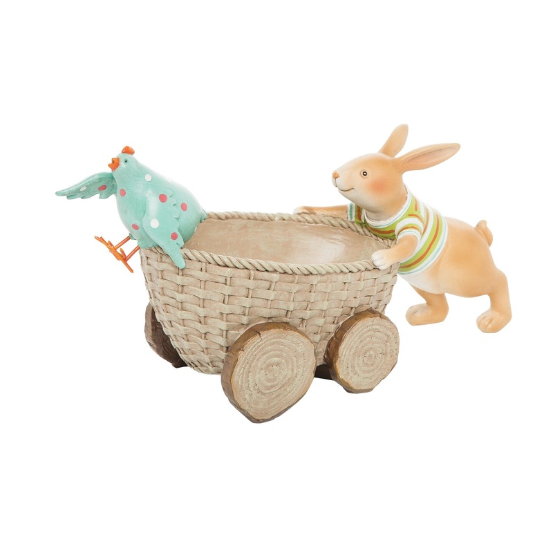 5.7″ x 10.6″  Easter Bunny Rabbit Pushing Basket Car w/ Chick Decorative Figure Figurine