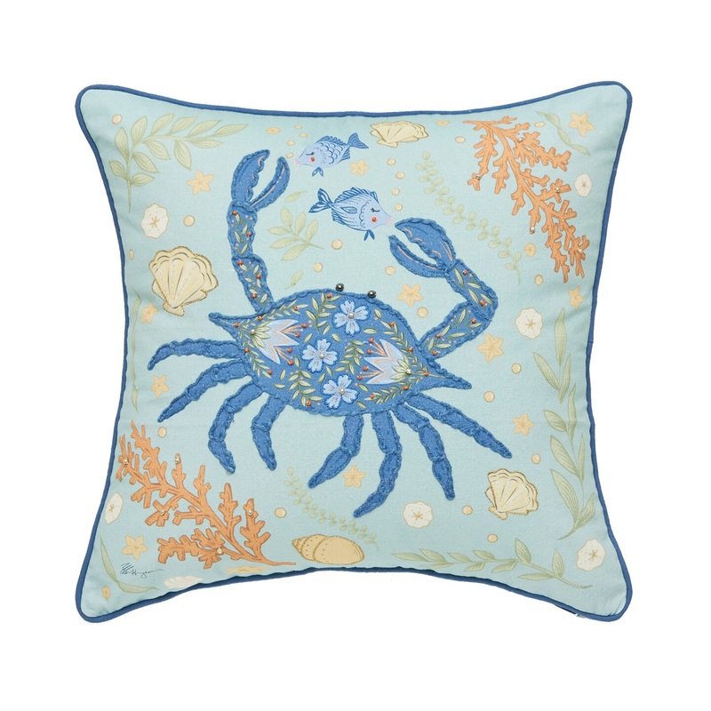 Blue Crab Coral Printed & Embellished Throw Pillow