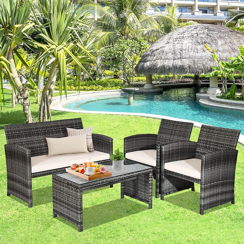 Costway 4PCS Patio Rattan Furniture Set Conversation Glass Table Top Cushioned Sofa White