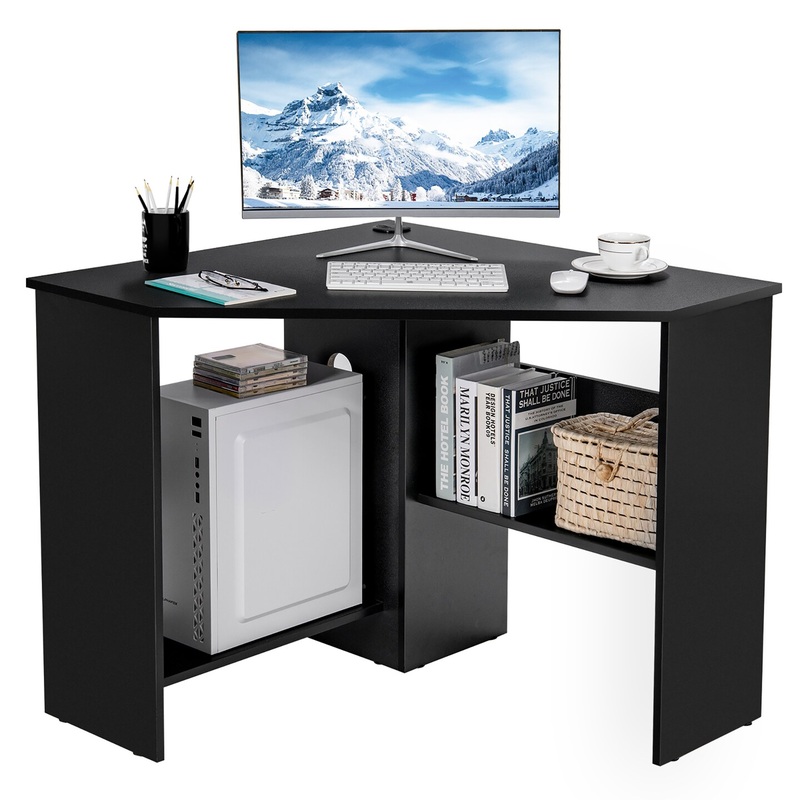 Costway Corner Computer Desk Triangle Writing Workstation w/ Storage Shelf WhiteBlack