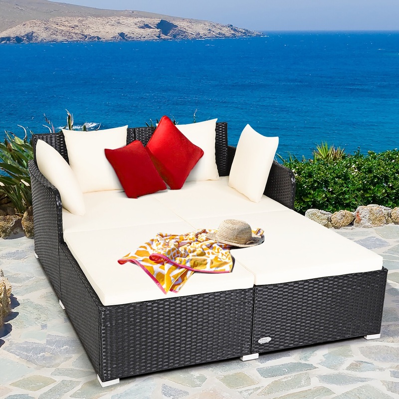 Costway Outdoor Patio Rattan Daybed Pillows Cushioned Sofa Furniture Beige/Turquoise/Red/Black
