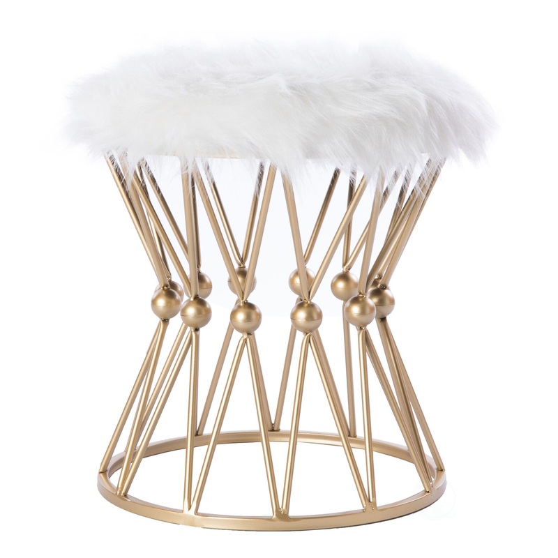 Round Gold Metal Stool with White Fur Top