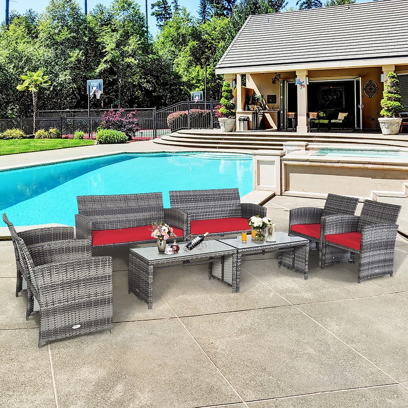 Costway 8PC Patio Rattan Furniture Set Glass Table Top Cushioned Sofa TurquoiseRed