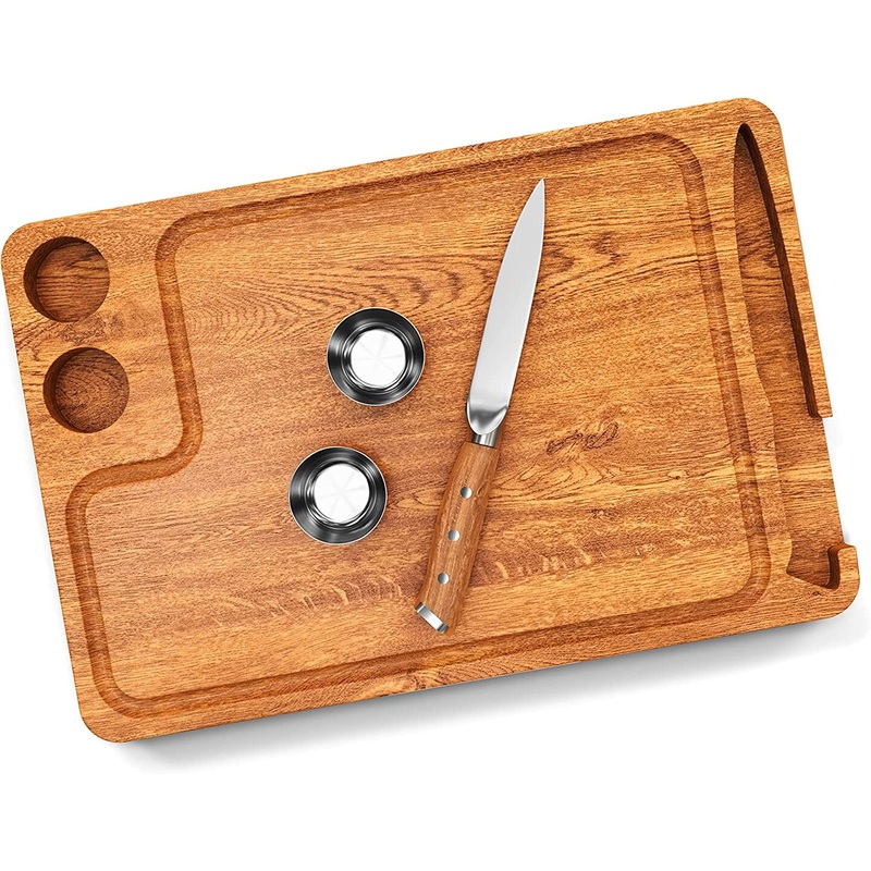 Yukon Glory Premium 100% Acacia Steak Board with Juice Groove, Steak Knife, and Condiment Cups