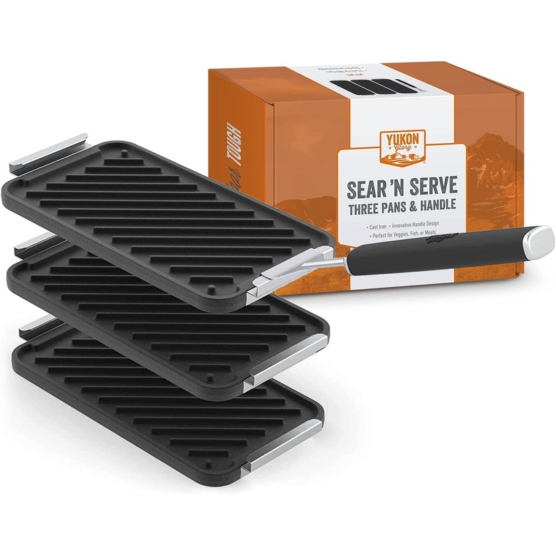 Yukon Glory Three Cast Iron Trays & Handle Set