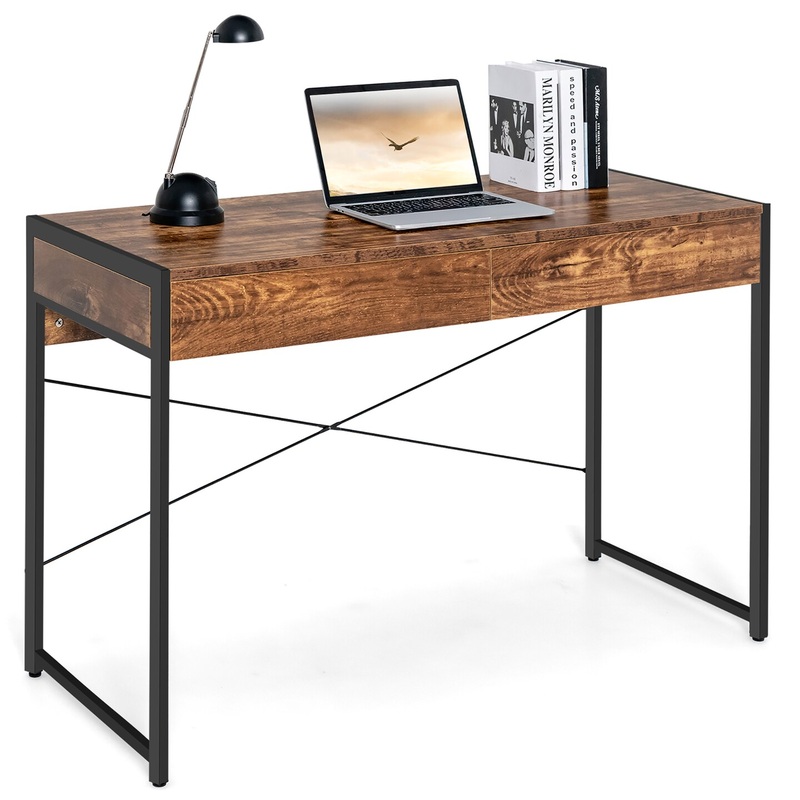 Costway Computer Desk Metal Frame Study Table Home Office Workstation w/2 Drawers