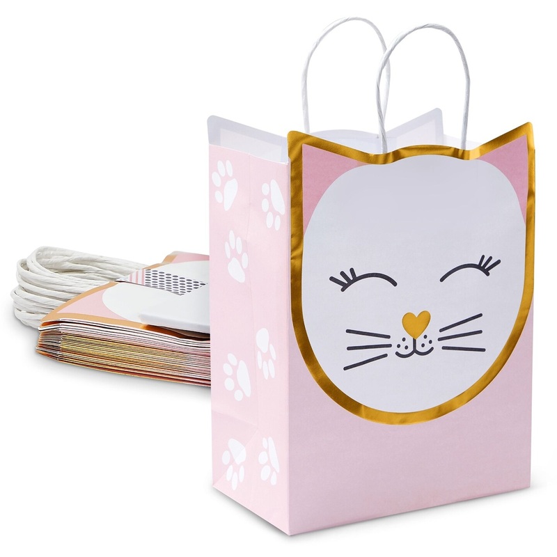 15 Pack Cat Gift Bags for Birthday Party Favors w/ 20 Sheets of Tissue Paper, 8 x 10 x 4.7 in
