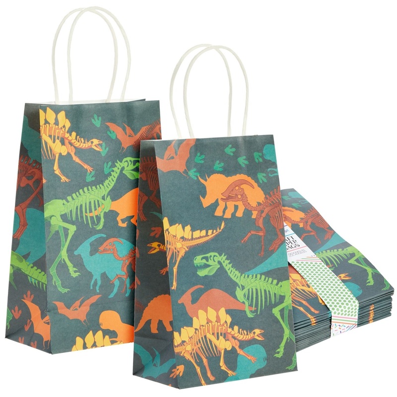24 Pack Dinosaur Goody Bags with Handles, 5.3×3.2×9 Inch for Kids Birthday, Party Favors, Treats, Fossil Print Design