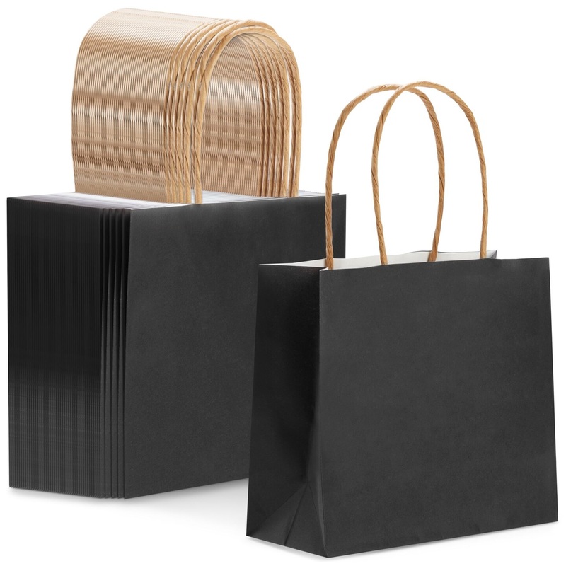 50 Pack 6.5×2.5 Small Black Gift Bags with Handles, Mini Party Favor Bags for Wedding, Presents