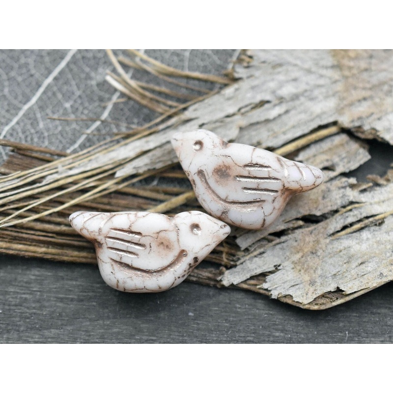 *6* 11x22mm Metallic Beige Washed MatteOpaque Winter White Bird Beads