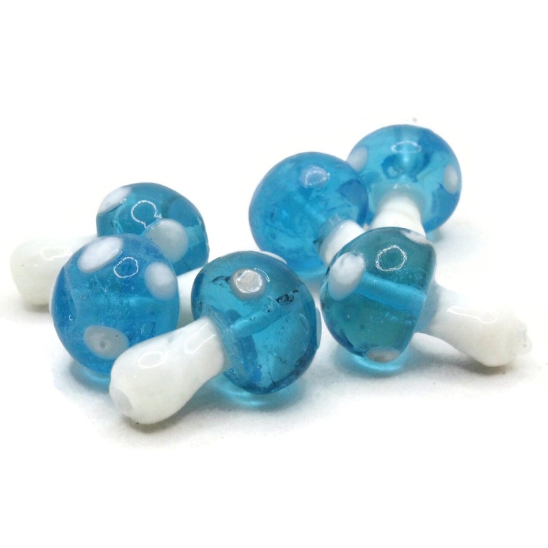6 19mm Bright Sky Blue and White Polka Dot Mushroom Lampwork Glass Beads