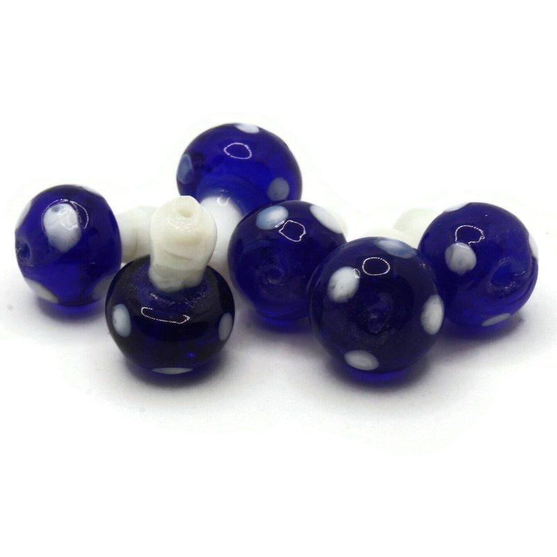 6 19mm Royal Blue and White Polka Dot Mushroom Lampwork Glass Beads