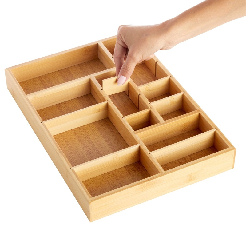 Bamboo Drawer Organizer Tray with 8 Adjustable Dividers for Kitchen Utensils, Cutlery (14 x 10 x 2 In)