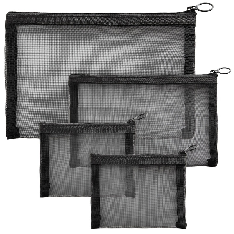 Glamlily Mesh Makeup Bag Set of 4, Travel Zipper Pouch for Cosmetics (Black, 3 Sizes)