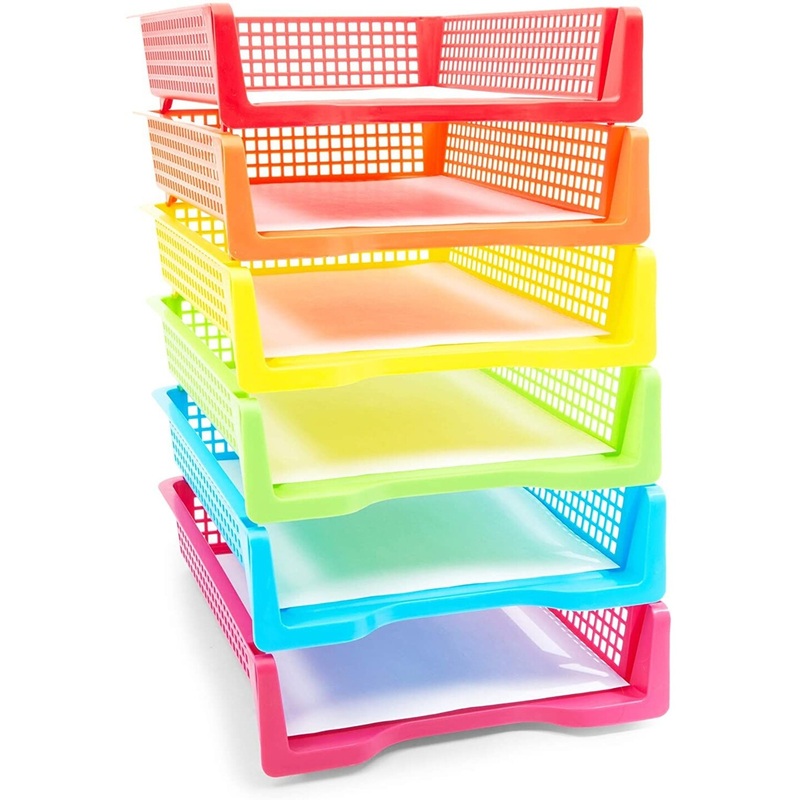 Set of 6 Rainbow Turn In Trays for Teachers, Plastic Classroom Paper Organizers, Colorful Storage Baskets for Office (12.75*9.75*2.75 inch)