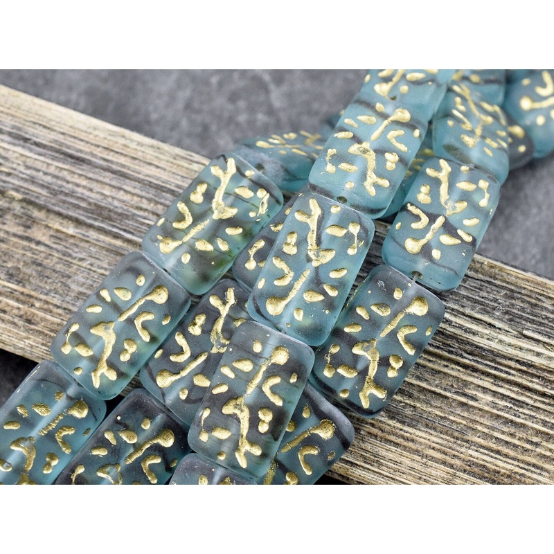 *6* 11x19mm Bronze Washed Matte Teal Carved Rectangle Beads