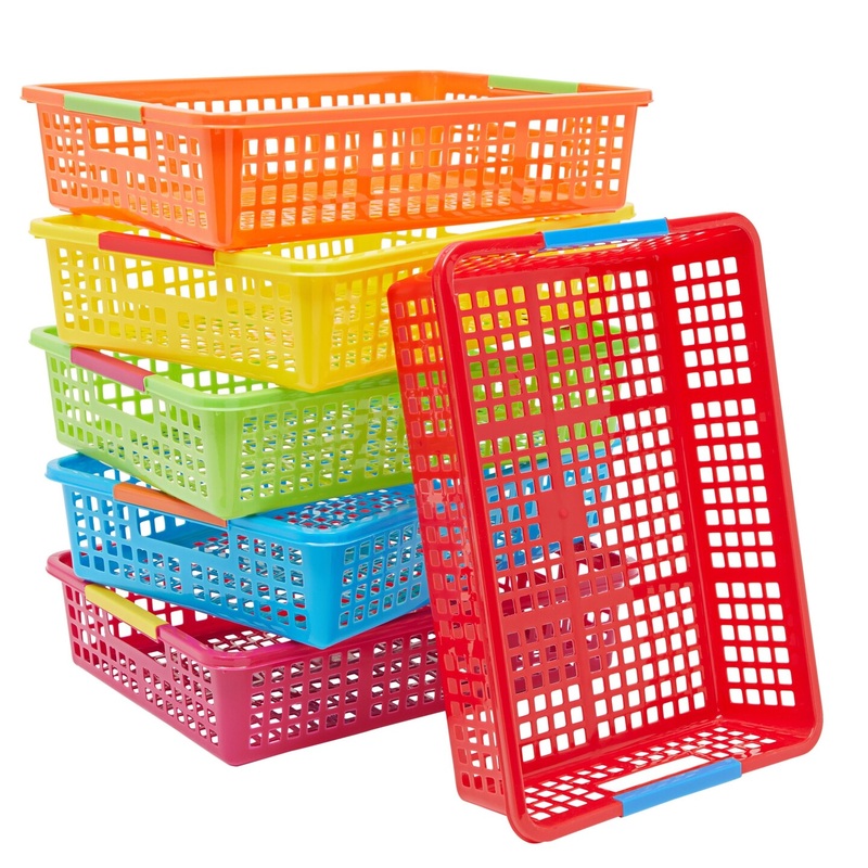 6 Pack Plastic Turn In Paper Trays for Classroom, Colorful Storage Bin Basket Organizers for School Supplies, 6 Colors (10 x 13.5 In)