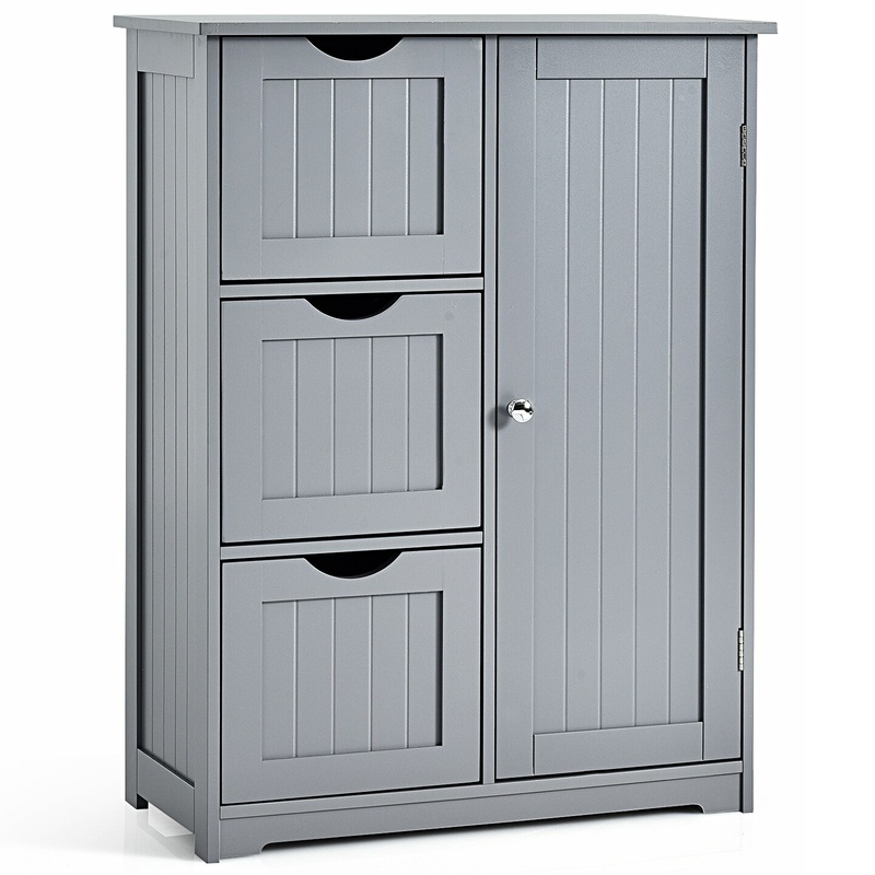 Costway Bathroom Floor Cabinet Side Storage Cabinet with 3 Drawers and 1 Cupboard Grey Black