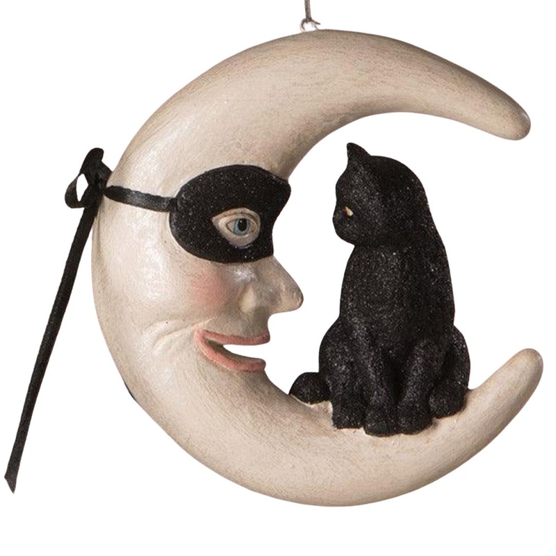 Hallows Eve Cat on Moon Ornament 4.5″
