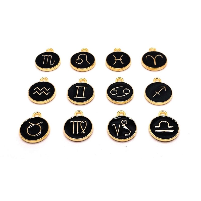 12 or 60 Pieces: Black Enamel and Gold Zodiac/Astrology Charms, Double Sided