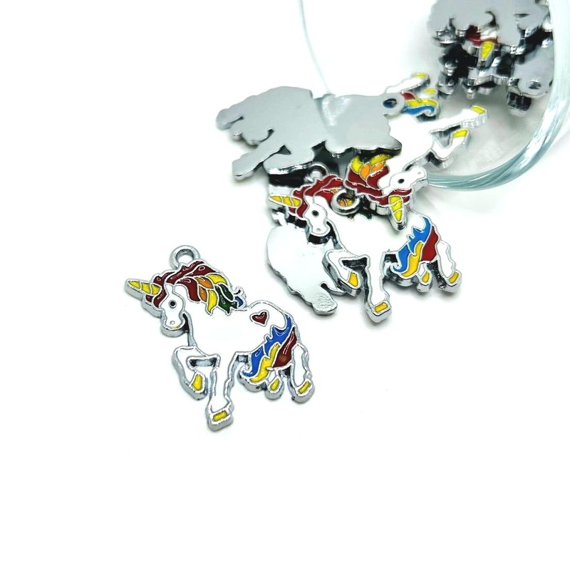4, 20 or 50 Pieces: White and Rainbow Enamel Unicorn Charms