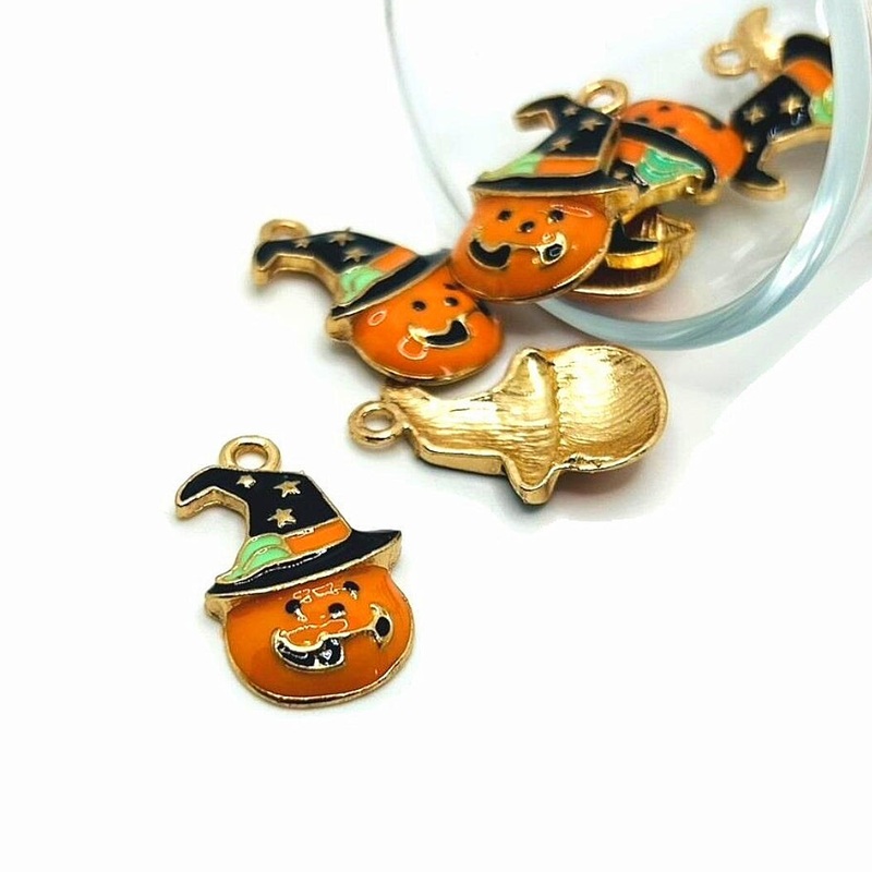 4 or 12 Pieces: Enamel Pumpkin Witch Halloween Charms