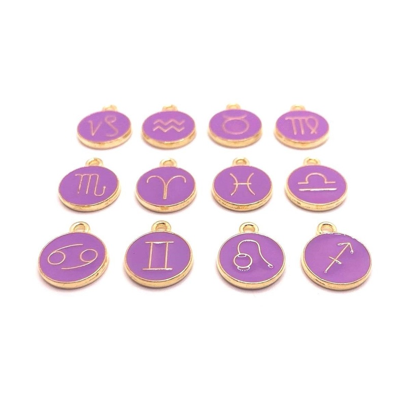 12 or 60 Pieces: Purple Enamel and Gold Zodiac/Astrology Charms, Double Sided