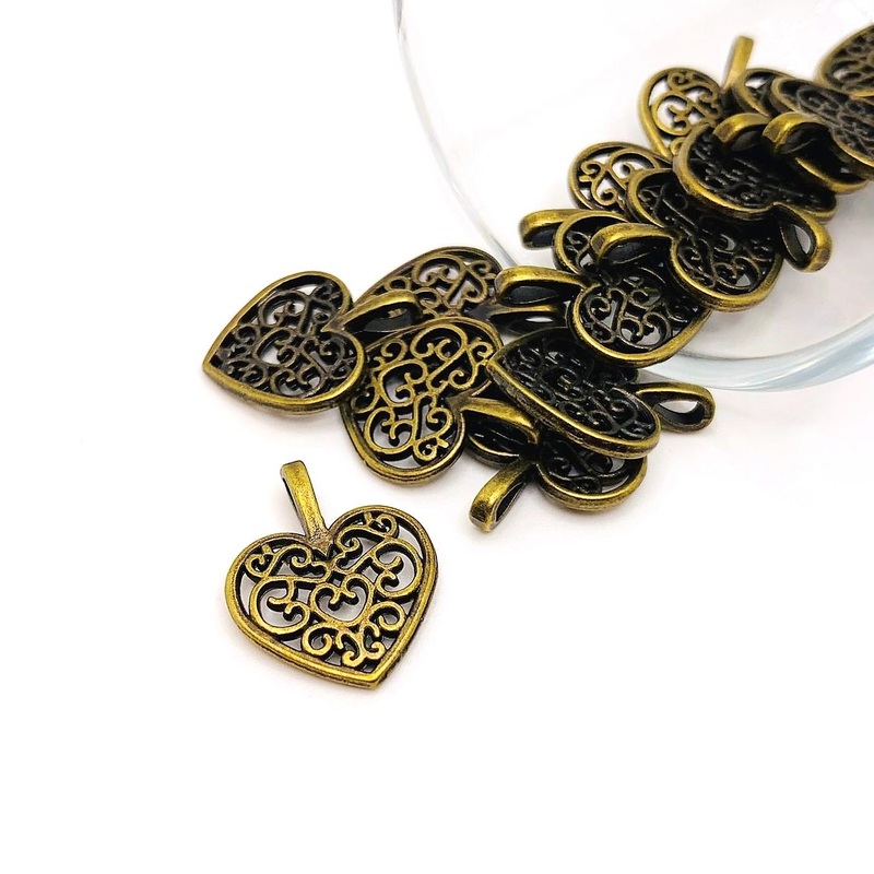 4, 20 or 50 Pieces: Bronze Filigree Scroll Heart Charms