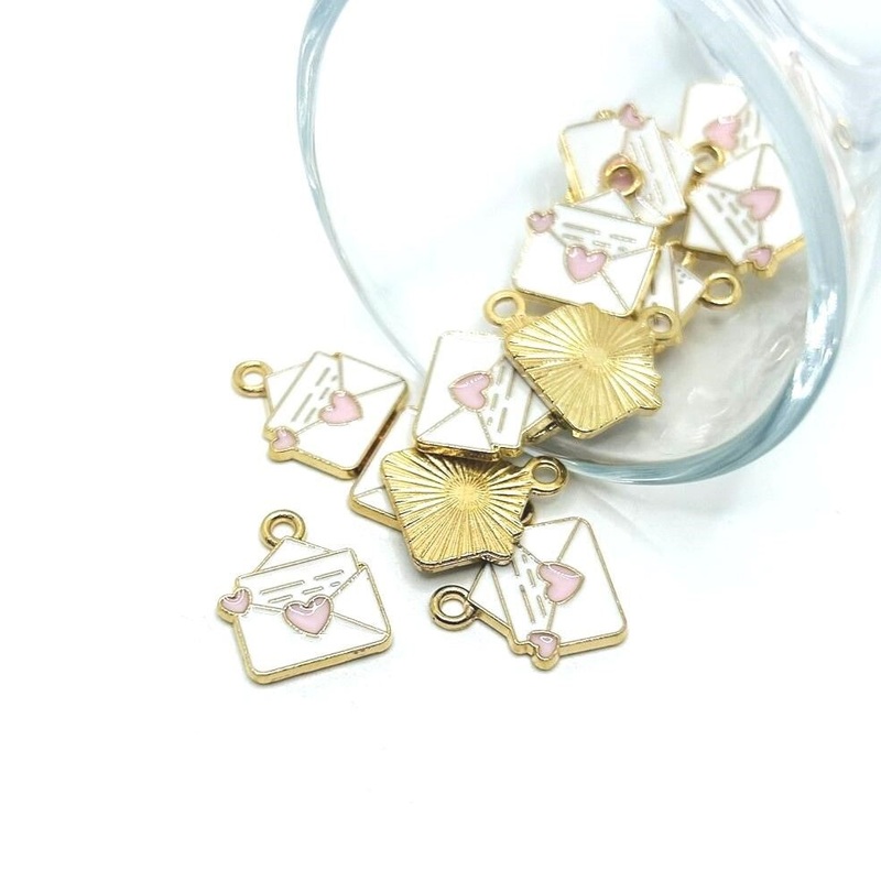 4, 20 or 50 Pieces: White Enamel Envelope Charm with Heart