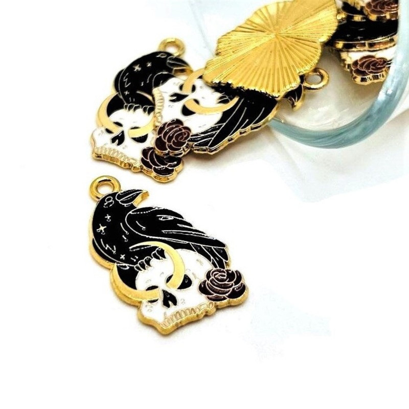1, 4, 20 or 50 Pieces: Black Enamel Raven and Skull Charms