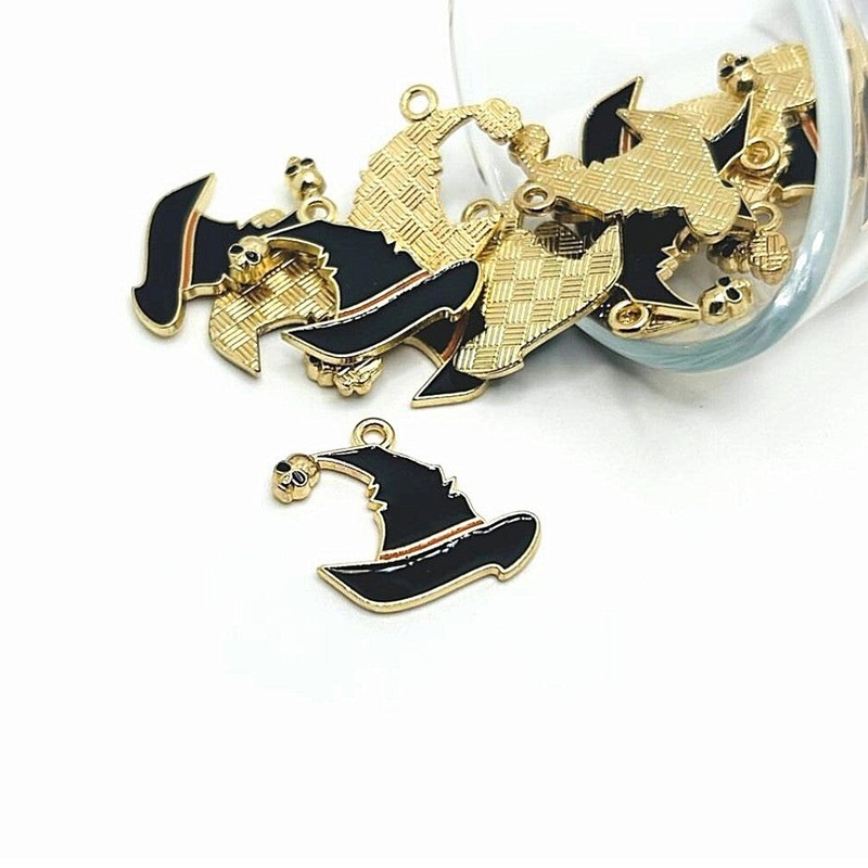 1, 4, 20 or 50 Pieces: Black Enamel Witch Hat Charms with Skull Tassel