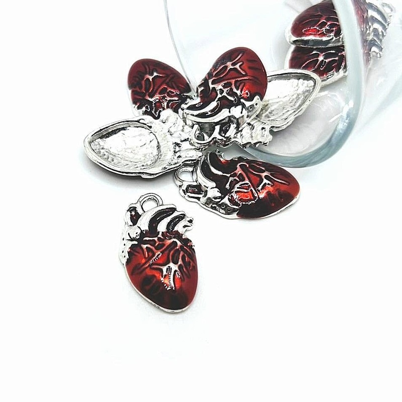 1, 4 or 20 Pieces: Red Enamel Anatomical Human Heart Charms