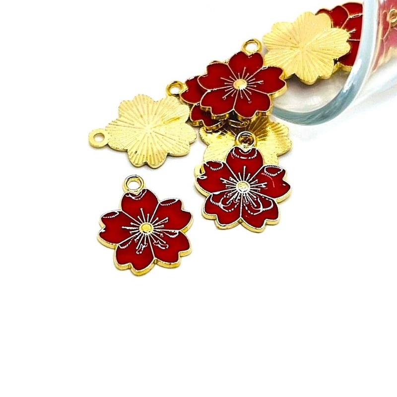 4, 20 or 50 Pieces: Red and Gold Cherry Blossom Flower Charms